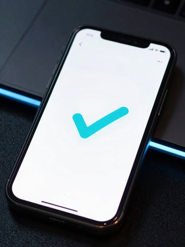 Close-up of a sleek smartphone screen displaying a successful instant bank transfer confirmation with a glowing cyan checkmark, dark high-tech background with subtle neon lights