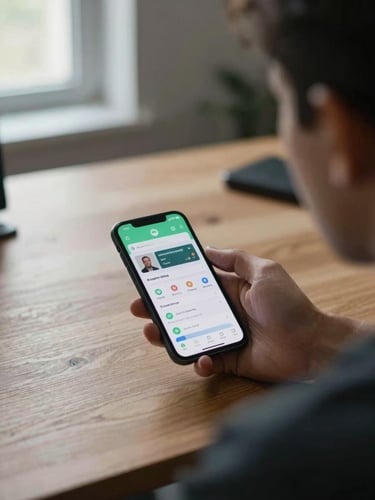 Over-the-shoulder view of a developer's desk, an Android phone resting on a wooden surface mid-session, app UI visible on screen, diffuse daylight from a window to the left, muted workspace background slightly out of focus