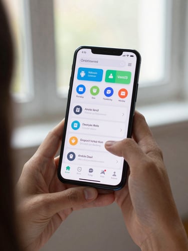 Close-up over-the-shoulder view of hands holding an Android phone, a clean productivity app UI visible on screen, soft window daylight, shallow depth of field on the device