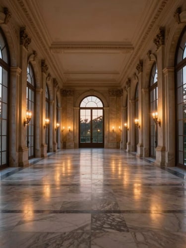 Symmetrical wide-angle shot of an empty, majestic palace corridor at dusk, warm candlelight reflecting on polished marble floors, dramatic natural light fading through high arched windows.