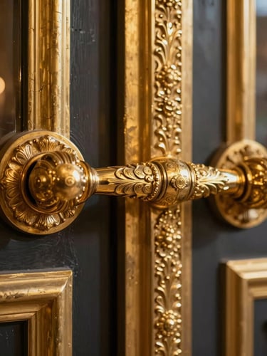 Extreme close-up of a hand-carved gilded door handle on a massive palace door, warm candlelight reflecting off the intricate gold leaf, dark background