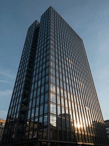 Low-angle cinematic architectural shot of a modern glass and steel financial tower in Budapest, sharp reflections, dramatic morning sun.