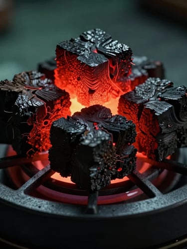 Extreme close-up macro shot of glowing red-hot coconut charcoal cubes resting on a sleek matte black burner, dramatic low-key side-lighting with a cool dark-green ambient undertone, showcasing rich textures and high contrast.