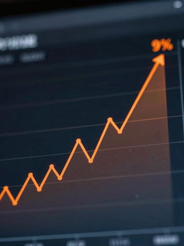 Dynamic macro photography of a dark analytics interface displaying sharp orange line graphs and rising percentage metrics, moody studio lighting, sharp focus, portrait aspect.