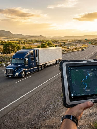 Wide shot of a modern semi-truck on a clear highway at golden hour, high-contrast, professional freight fleet, with a dispatcher's tablet showing route optimization in the foreground, right-third placement.