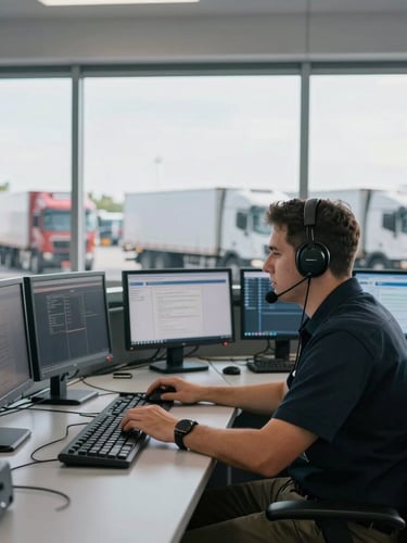 Medium shot of a professional dispatcher at a modern control desk, focused on multiple monitors, crisp industrial photography, bright daylight, high-contrast realistic tones, professional freight fleet