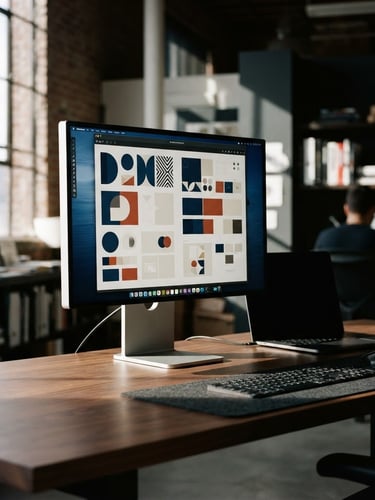 Sharp editorial photography, high-contrast natural light, deep shadows, a high-fidelity digital mockup of a brand identity system displayed on a premium physical monitor, clean minimalist workspace, 35mm