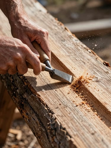 Close-up of hands holding a traditional wood chisel, carving a deep groove into a massive weathered slab of Wyoming timber, sawdust suspended in sharp morning side-light.