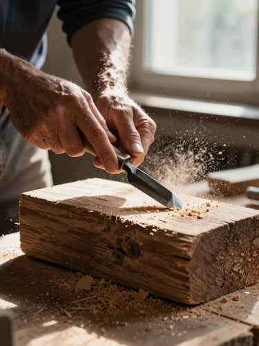 A craftsman's hands using a traditional chisel on a heavy block of weathered wood, sawdust caught in a dramatic shaft of morning window light, high contrast.