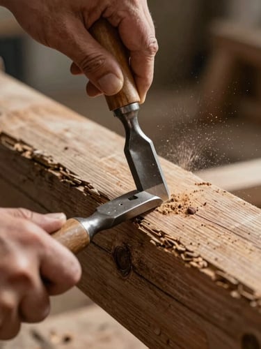 Close-up of hands holding a traditional steel chisel, carving a joint in a massive weathered wood beam, wood dust in the air.
