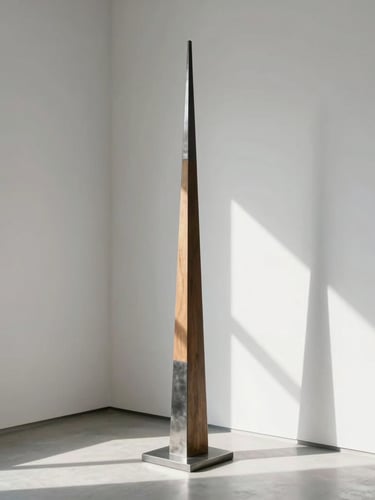 A tall, minimalist steel and wood sculpture standing in a sunlit gallery corner, cast shadows on a pure white wall, natural high-contrast lighting.