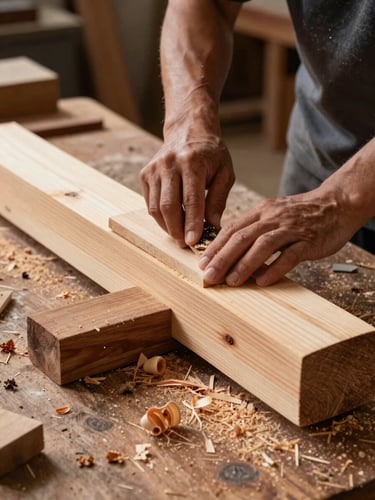 Hands holding a traditional timber slick, shaving a massive pine beam on a workshop table filled with wood shavings, side-lit.