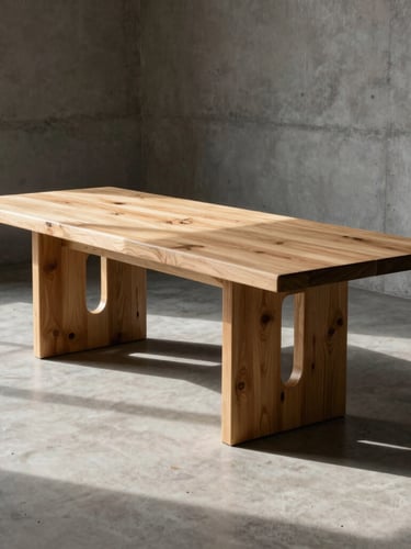 A massive hand-hewn white oak dining table in a minimalist concrete room, natural side-light casting long shadows.