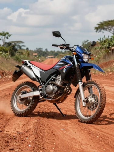 Dynamic low-angle shot of a Yamaha XTZ motorcycle parked on a red dirt road in San José del Guaviare, bright natural daylight, high contrast.