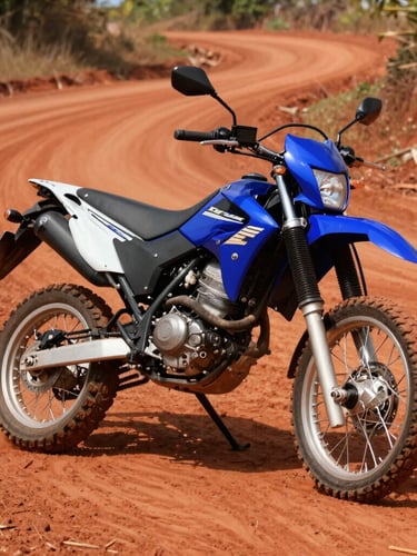 Dynamic low-angle shot of a blue Yamaha XTZ motorcycle parked on a red dirt road in Guaviare, bright daylight, high contrast, 35mm lens