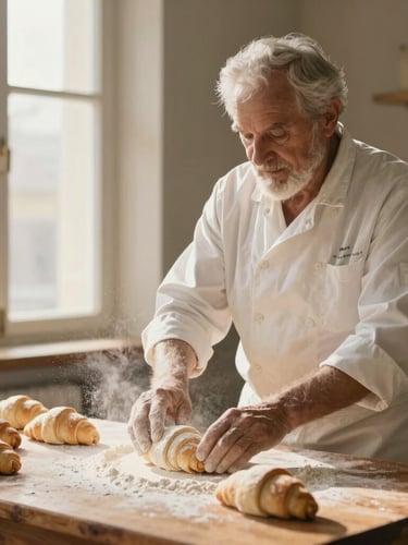A senior male baker in a white chef coat dusting flour over fresh croissants on a wooden table.