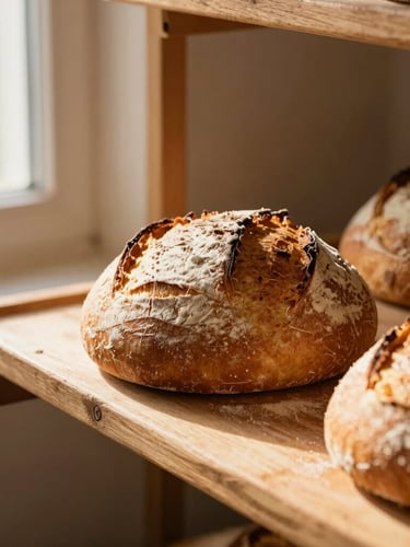 Flour-dusted sourdough loaves resting on rustic wooden racks in a warm country bakehouse, golden morning light.