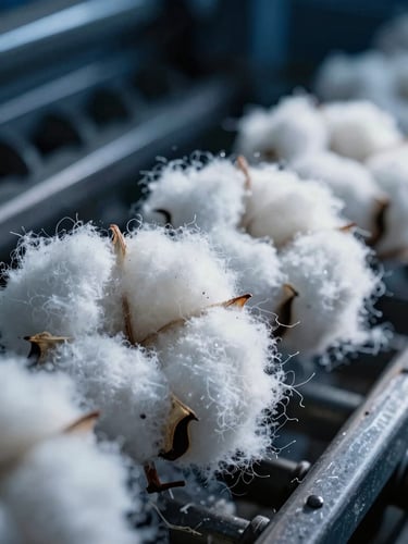 Macro photography of raw long-staple cotton fibers being aligned in an industrial ginning machine, dramatic side-lighting, deep indigo tones, sharp focus.