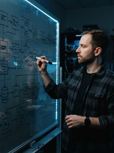 Moody technical photography of a system architect drawing clean data pipelines on a whiteboard, cool low-key studio lighting with sharp electric blue accent lights, 35mm lens, sharp focus