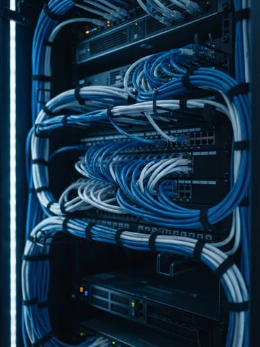 Macro close-up of server racks with clean, organized blue and white ethernet cabling under cool low-key studio lighting, shallow depth of field.