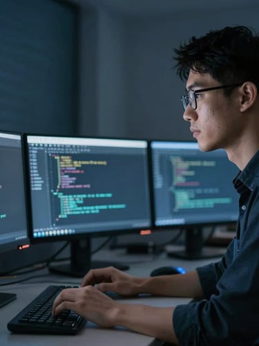 Close-up portrait of an engineer analyzing code on multiple monitors in a dark room, cool low-key lighting with sharp white and blue accent lights, 35mm lens.