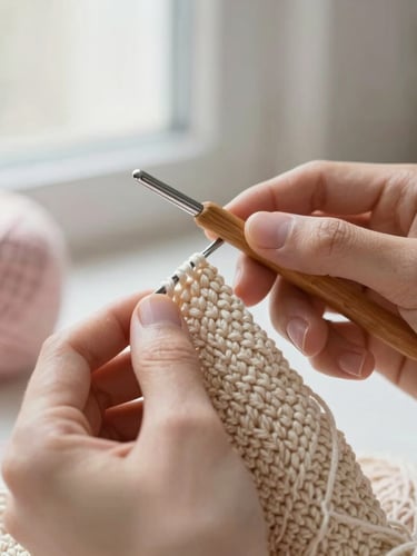 Close-up of hands holding a wooden crochet hook and warm beige cotton yarn, intricate stitches visible, soft morning light, shallow depth of field
