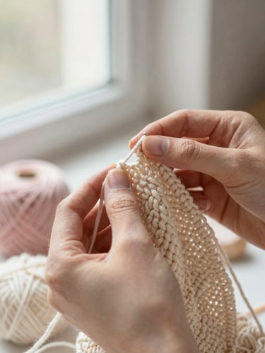 Close-up of hands crocheting with warm beige yarn under soft window light, showing detailed stitch texture, cozy and elegant atmosphere