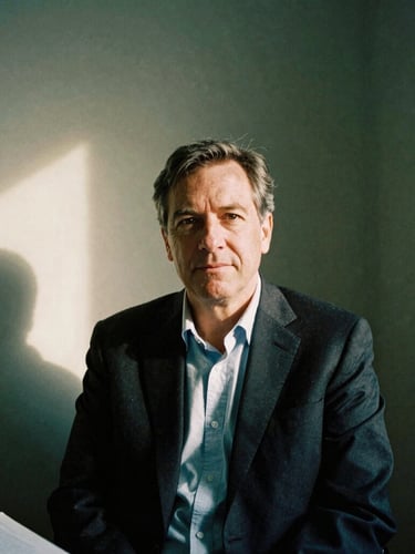 Thoughtful portrait of a seasoned corporate veteran, mid-career, with natural side-lighting, deep shadows, in a quiet office corner, 35mm film grain.