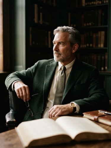 Thoughtful portrait of a seasoned corporate veteran, mid-shot, in a shadowed library corner, warm natural side-lighting, deep forest green and cream tones, 35mm film grain, looking into the middle distance, open book pages blurred in foreground.