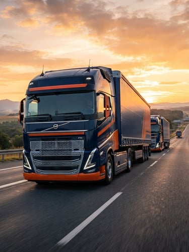 Low-angle heroic shot of modern heavy-duty transport trucks on a highway at golden hour, clean metallic surfaces with deep navy and safety orange accents, 35mm lens.