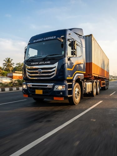 Hero low-angle shot of a clean modern heavy-duty transport truck on an Indian highway during crisp golden hour morning light, metallic surfaces reflecting sun, professional logistics.