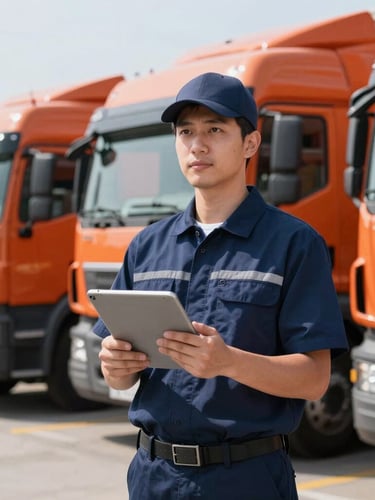 A professional transport coordinator in a clean uniform holding a tablet in front of modern cargo trucks, bright morning daylight, crisp focus.