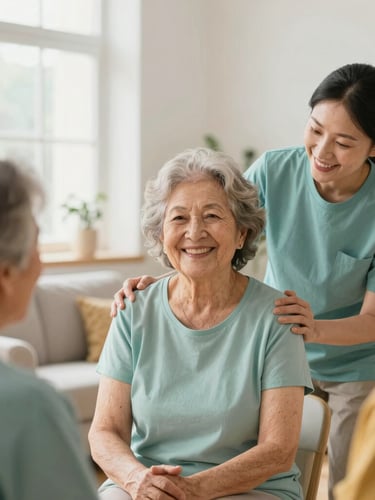 Active senior woman smiling warmly while engaging in a gentle group activity with a compassionate caregiver, sunlit common area, authentic expressions.