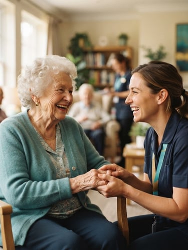 Warm interaction between a caregiver and a senior participant in a sunlit common area, both smiling, shallow depth of field, gentle teal and gold accents.