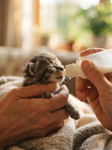 A close-up of gentle hands bottle-feeding a tiny neonatal kitten, soft morning light filtering through a window, warm tones, shallow depth of field.