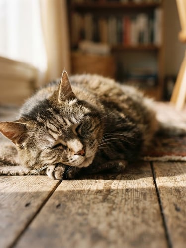 Warm sunlit documentary photograph of a calm senior cat resting in a golden sunbeam on a rustic wooden floor, shallow depth of field.