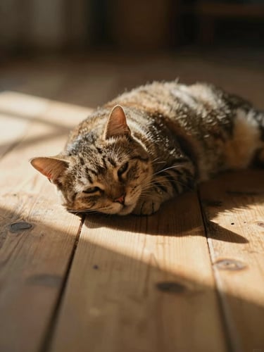 A warm, sunlit documentary photo of a gentle cat resting peacefully in a golden sunbeam on a rustic wooden floor, soft morning light, shallow depth of field, earthy Napa tones.