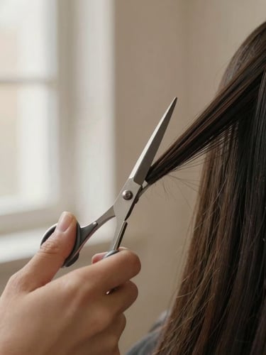 Close-up of a stylist's hands holding professional scissors, cutting a clean line on dark textured hair, soft natural window light, warm nude background, shallow depth of field, 35mm