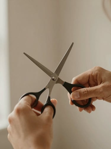 Close-up of a stylist's hands using professional scissors on soft hair, warm natural light, minimalist background