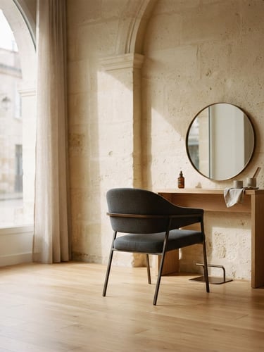 Muted warm editorial photography of a minimalist luxury salon interior in Libourne, soft natural window light casting gentle shadows on a beige stone wall, a single sleek styling chair, elegant negative space, 35mm