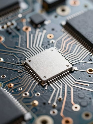 Close-up of a modern circuit board with silver and copper pathways, sharp focus, cool metallic tones, professional tech appraisal environment