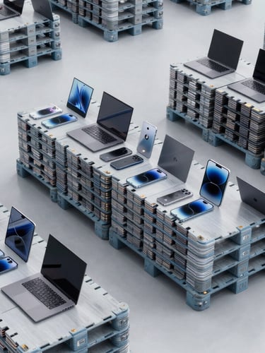 Crisp corporate tech photography, high-volume organized pallets of enterprise smartphones and laptops in a clean slate gray logistics facility, cool studio lighting, 35mm