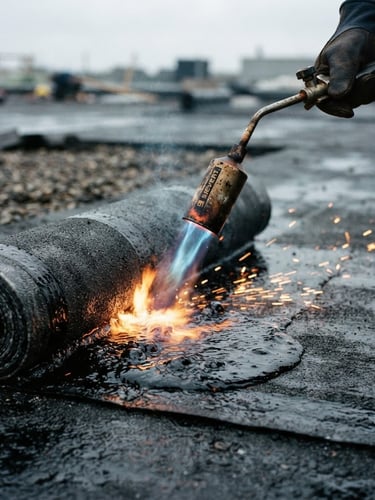 Close-up of a professional roofing torch flame melting a thick bitumen roll on a flat roof, safety orange sparks, dark charcoal background, industrial precision, overcast daylight, 35mm lens