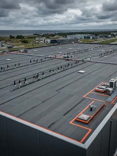 Drone shot of a massive finished industrial flat roof, clean gray bitumen rolls, perfectly straight seams, overcast Baltic sky, sharp contrast