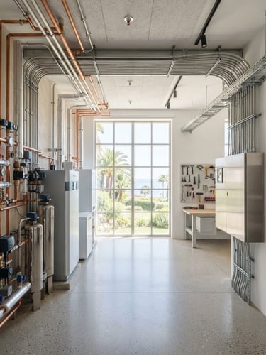 Pristine, architectural shot of a luxury mechanical room with neatly organized pipes and electrical conduits, bright coastal daylight, clean luxury interiors, sharp focus, high-end mechanical details, 35mm