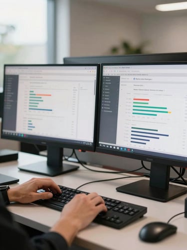 Wide environmental shot of a performance agency workstation — two monitors side by side showing Meta Ads Manager campaign breakdowns with ROAS columns and audience charts, hands resting on keyboard mid-analysis, clean north-facing daylight from left, shallow depth of field on the screens
