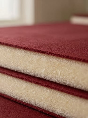 Macro close-up of premium high-density upholstery foam being layered with soft dacron, warm studio lighting, shallow depth of field