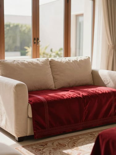 Warm editorial photography of a completed luxury custom Majlis seating arrangement inside a sunlit Dubai villa, rich crimson textiles, detailed stitching, soft natural window light, shallow depth of field, 35mm
