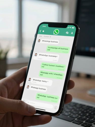 Close-up of a smartphone screen displaying a WhatsApp business chat interface with multiple incoming messages queued, hands resting on a keyboard visible at the bottom edge, bright practical office window light, tight framing on the device screen