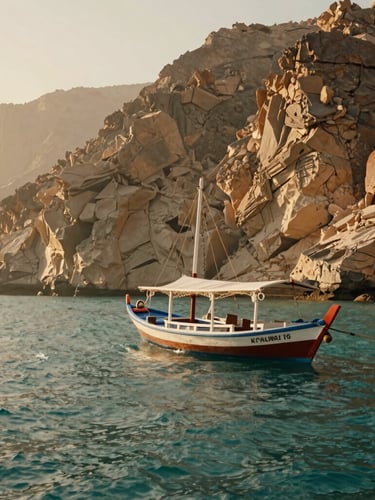 Panoramic view of a traditional Omani dhow boat sailing on the calm turquoise waters of Musandam fjords, high rocky cliffs in the background, warm hazy sunlight.